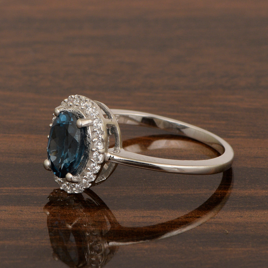 8x6MM Oval London Blue Topaz & White Accents Ring - Sterling Silver