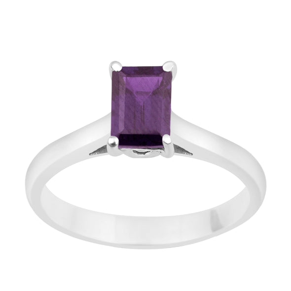 925 Sterling Silver Emerald Cut 7X5MM Amethyst Solitaire Women Ring - Kimaya INC