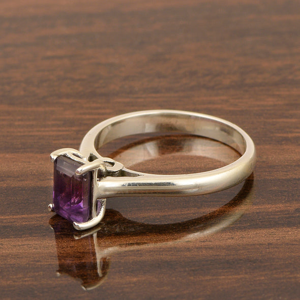 925 Sterling Silver Emerald Cut 7X5MM Amethyst Solitaire Women Ring - Kimaya INC