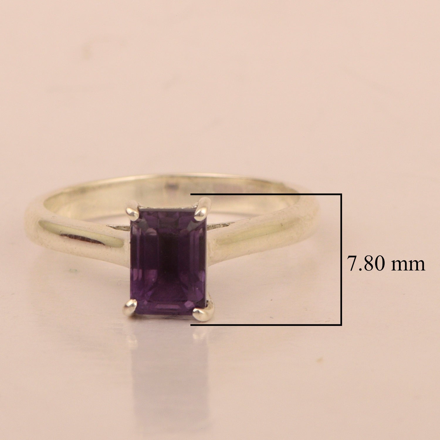 925 Sterling Silver Emerald Cut 7X5MM Amethyst Solitaire Women Ring - Kimaya INC