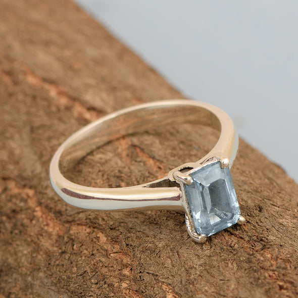 925 Sterling Silver Emerald Cut 7X5MM Aquamarine Solitaire Women Ring - Kimaya INC