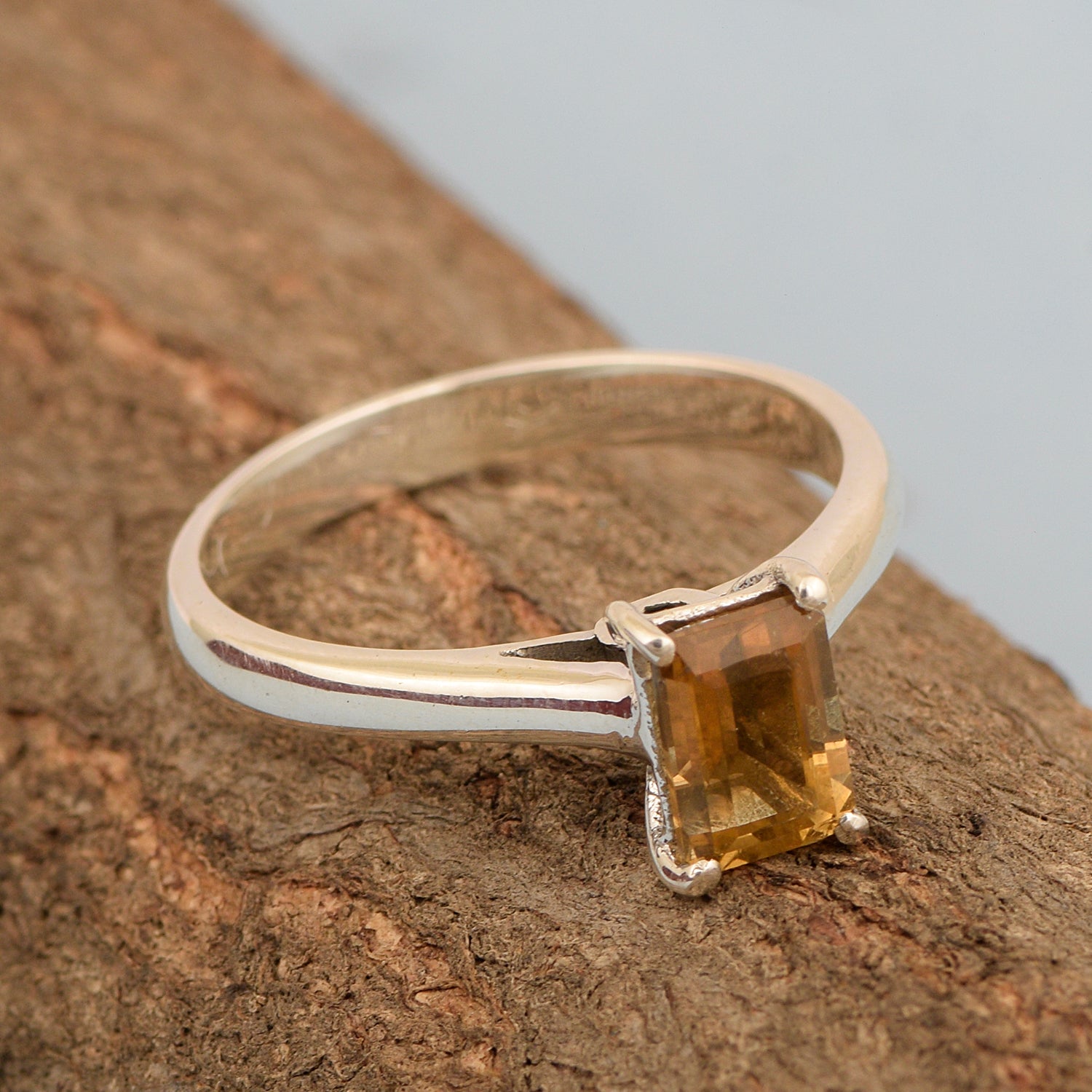 925 Sterling Silver Emerald Cut 7X5MM Citrine Solitaire Women Ring - Kimaya INC