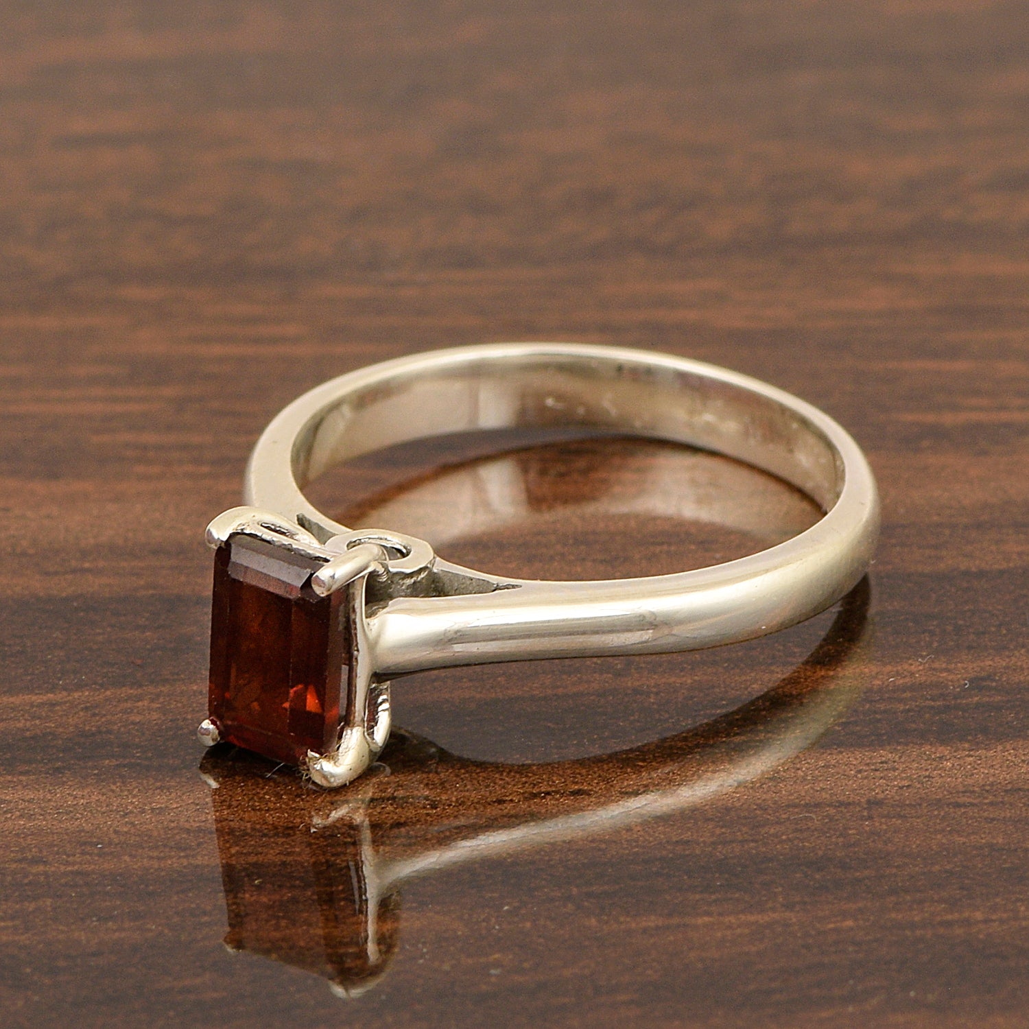 925 Sterling Silver Emerald Cut 7X5MM Garnet Solitaire Women Ring - Kimaya INC