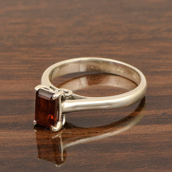 925 Sterling Silver Emerald Cut 7X5MM Garnet Solitaire Women Ring - Kimaya INC