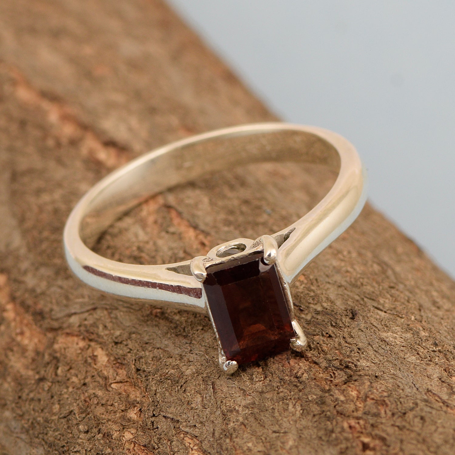 925 Sterling Silver Emerald Cut 7X5MM Garnet Solitaire Women Ring - Kimaya INC