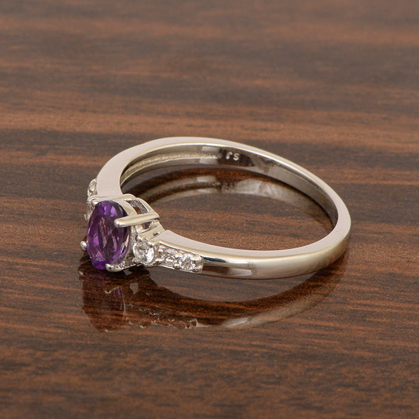 925 Sterling Silver Oval 6X4mm Amethyst & White Accents Women Engagement Ring - Kimaya INC
