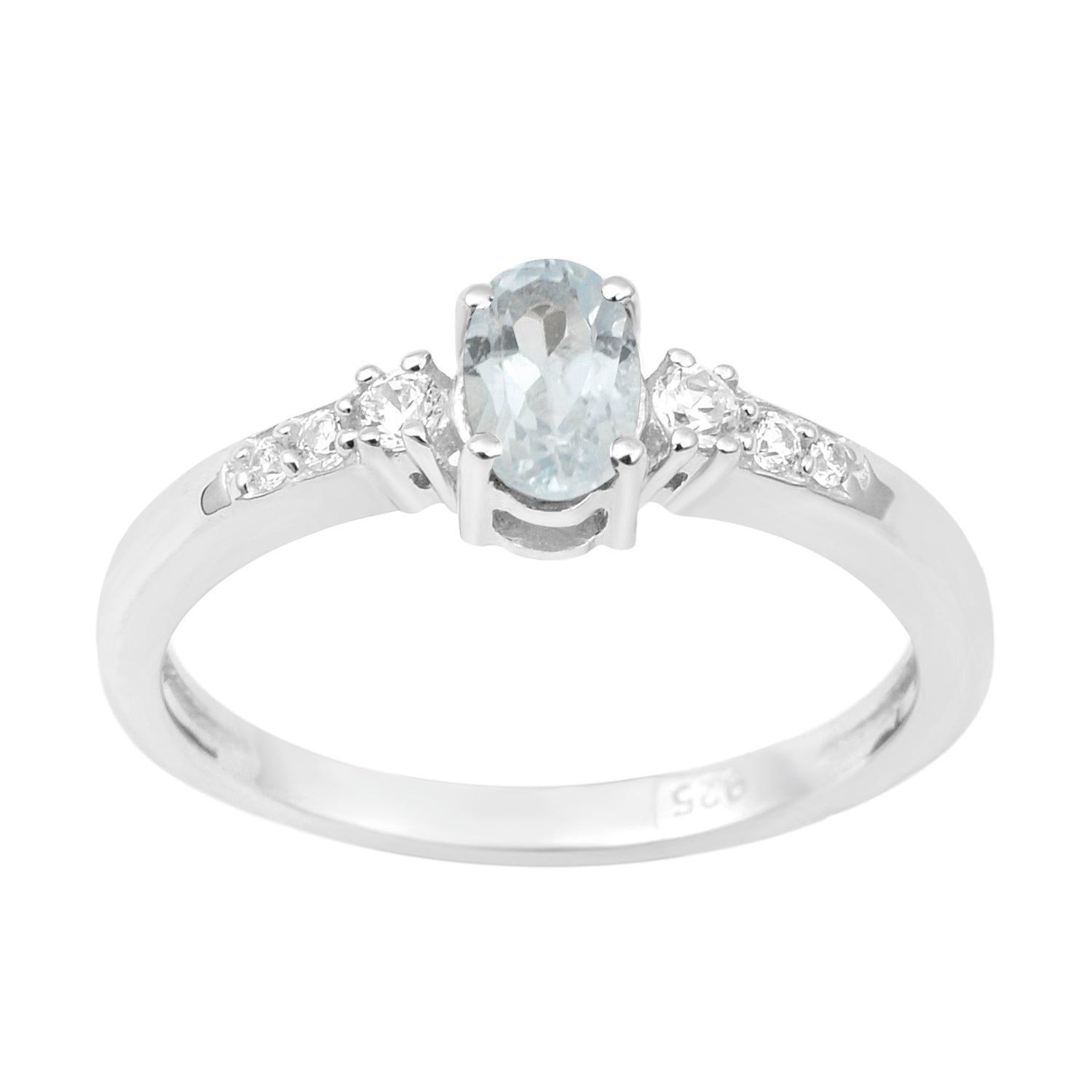 925 Sterling Silver Oval 6X4mm Aquamarine & White Accents Women Engagement Ring - Kimaya INC