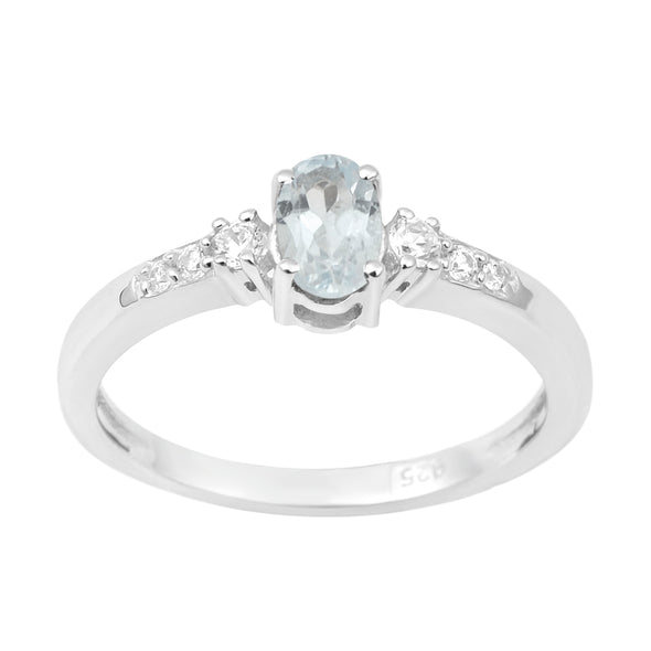 925 Sterling Silver Oval 6X4mm Aquamarine & White Accents Women Engagement Ring - Kimaya INC
