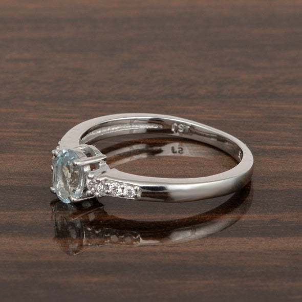 925 Sterling Silver Oval 6X4mm Aquamarine & White Accents Women Engagement Ring - Kimaya INC