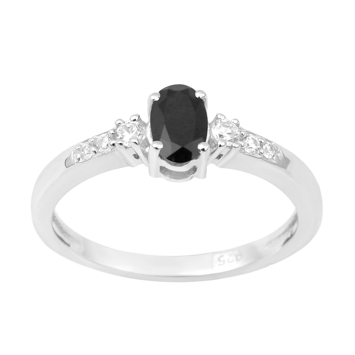925 Sterling Silver Oval 6X4mm Black Spinel & White Accents Women Engagement Ring - Kimaya INC