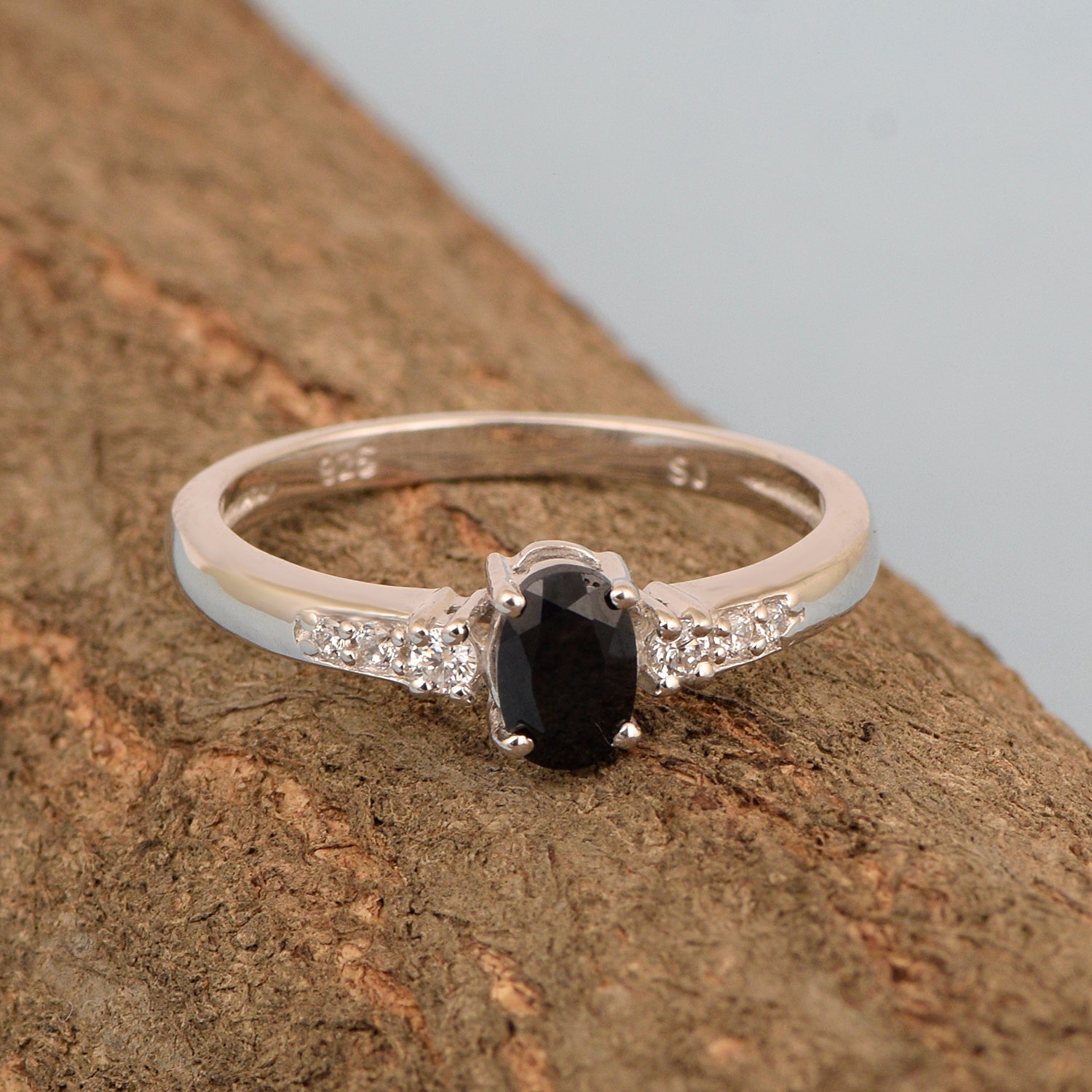 925 Sterling Silver Oval 6X4mm Black Spinel & White Accents Women Engagement Ring - Kimaya INC