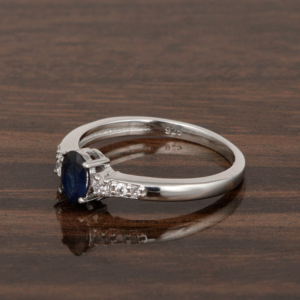 925 Sterling Silver Oval 6X4mm Blue Sapphire & White Accents Women Engagement Ring - Kimaya INC