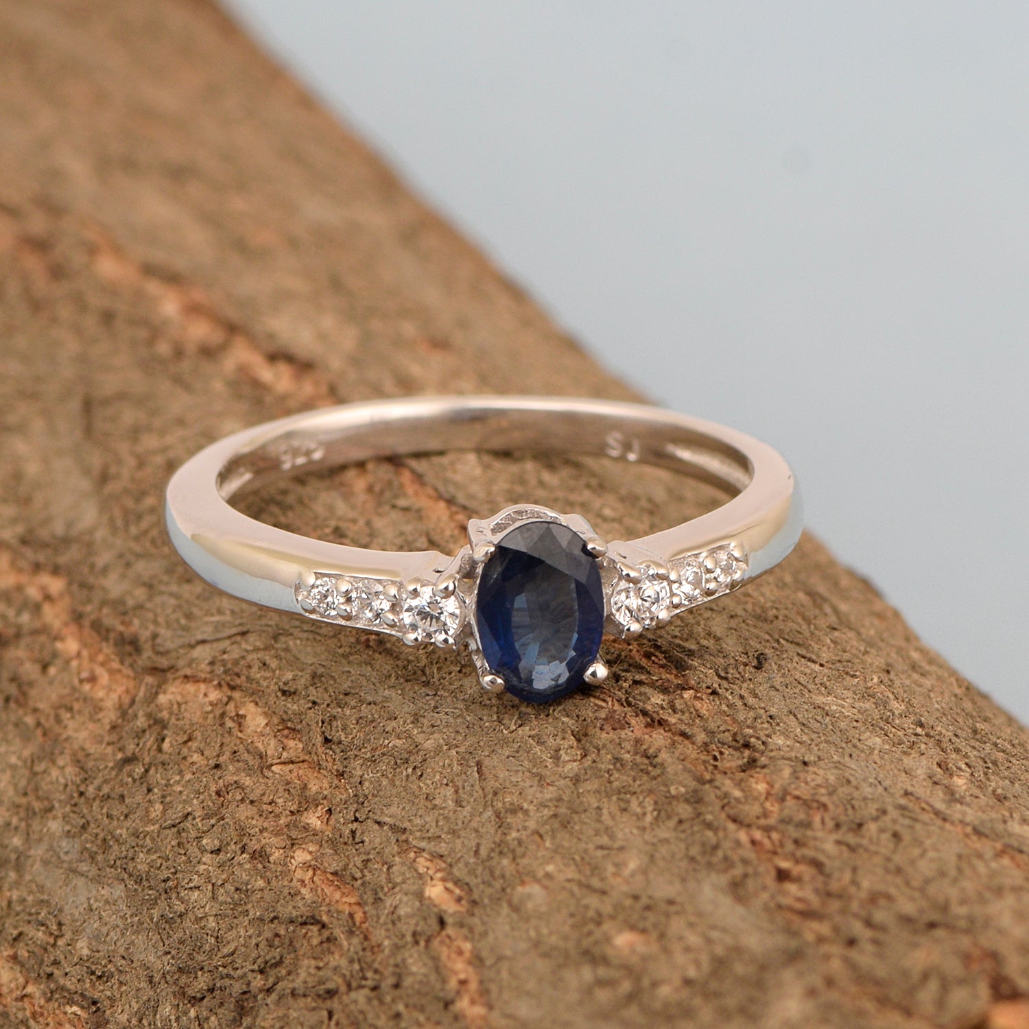 925 Sterling Silver Oval 6X4mm Blue Sapphire & White Accents Women Engagement Ring - Kimaya INC