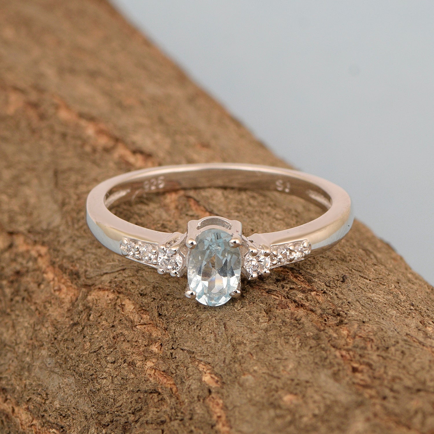 925 Sterling Silver Oval 6X4mm Blue Topaz & White Accents Women Engagement Ring - Kimaya INC