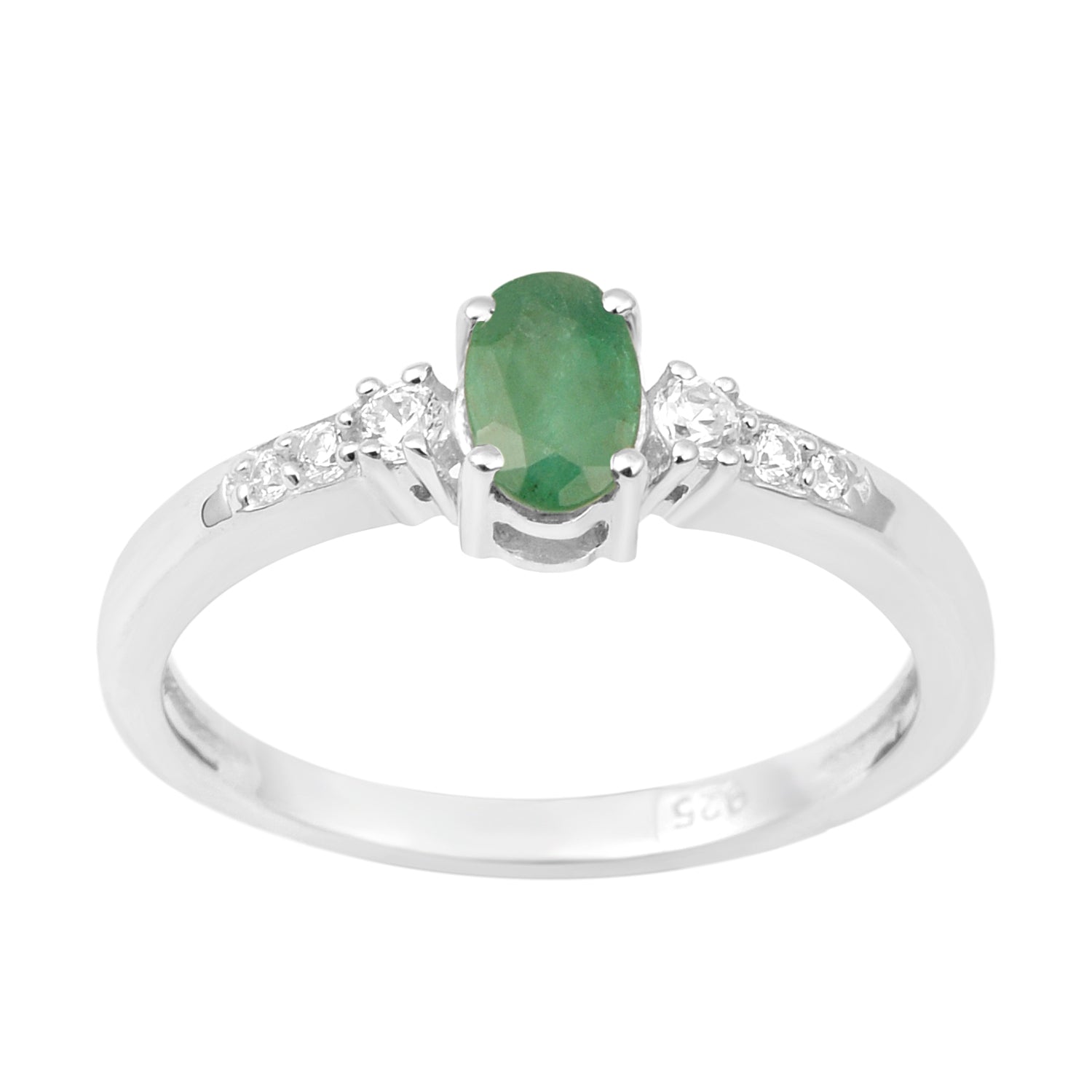 925 Sterling Silver Oval 6X4mm Emerald & White Accents Women Engagement Ring - Kimaya INC