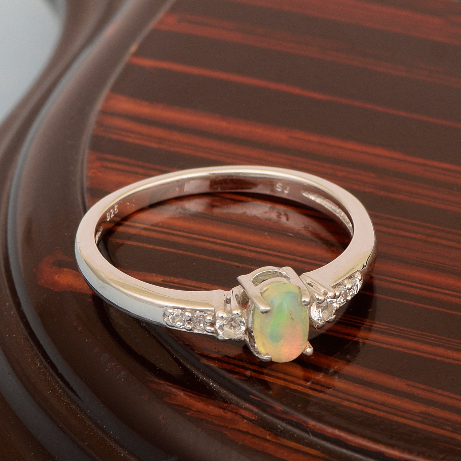 925 Sterling Silver Oval 6X4mm Opal & White Accents Women Engagement Ring - Kimaya INC