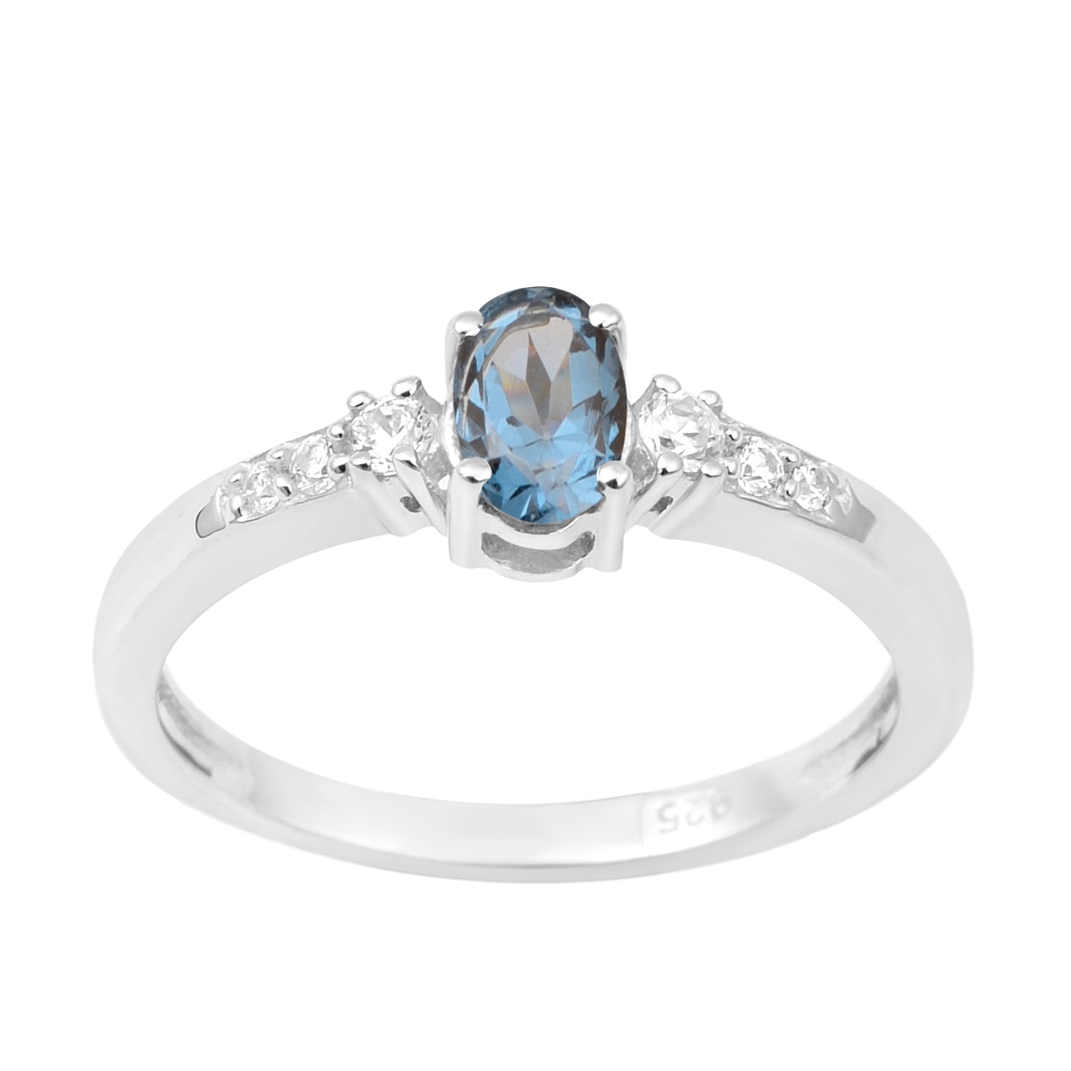 925 Sterling Silver Oval 6X4mm London Blue Topaz & White Accents Women Engagement Ring - Kimaya INC