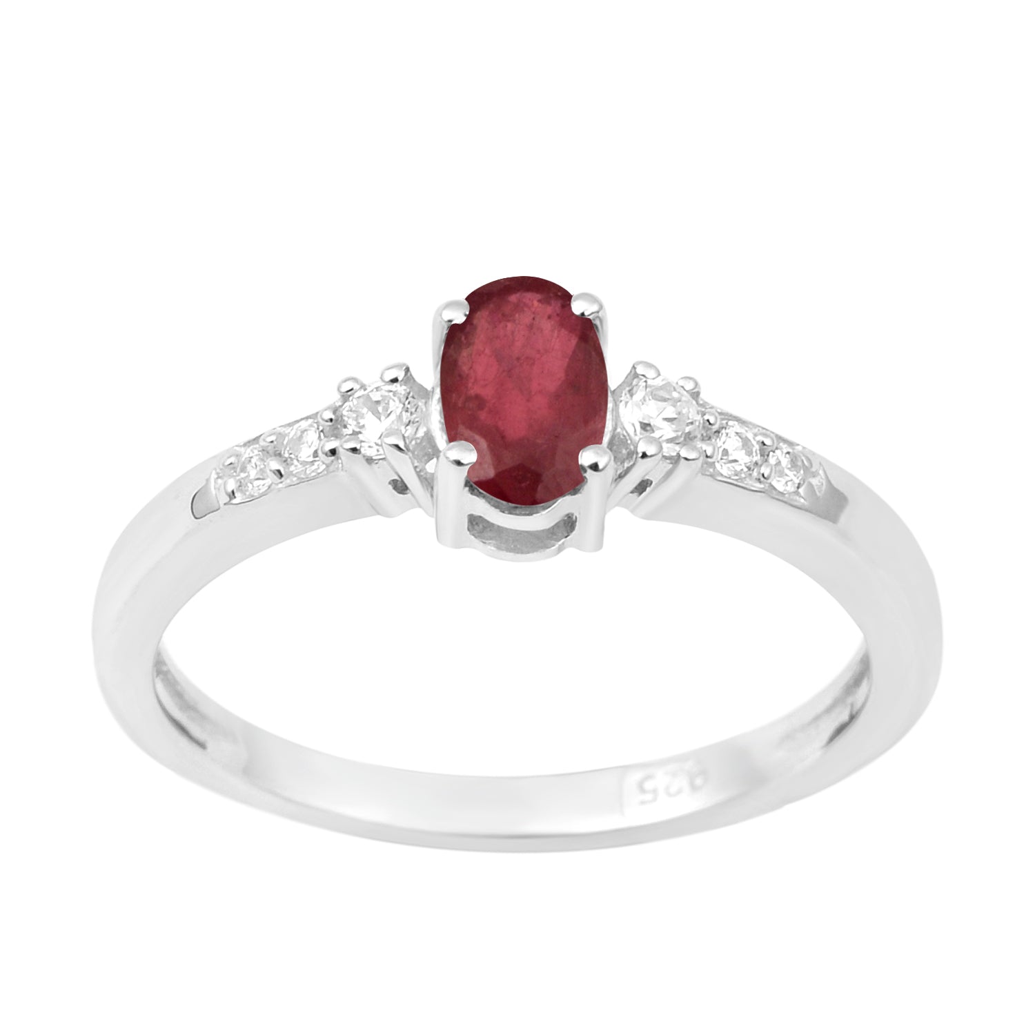 925 Sterling Silver Oval 6X4mm Ruby & White Accents Women Engagement Ring - Kimaya INC