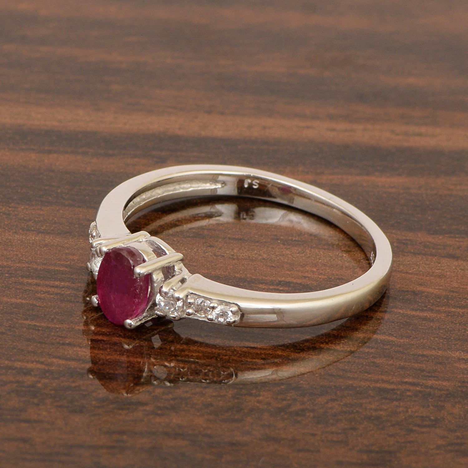 925 Sterling Silver Oval 6X4mm Ruby & White Accents Women Engagement Ring - Kimaya INC
