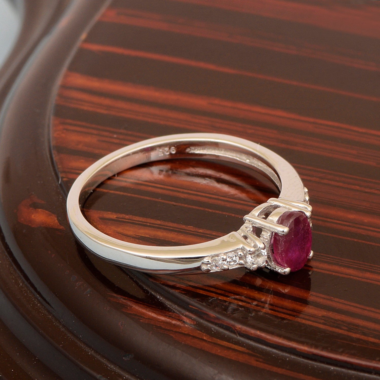 925 Sterling Silver Oval 6X4mm Ruby & White Accents Women Engagement Ring - Kimaya INC