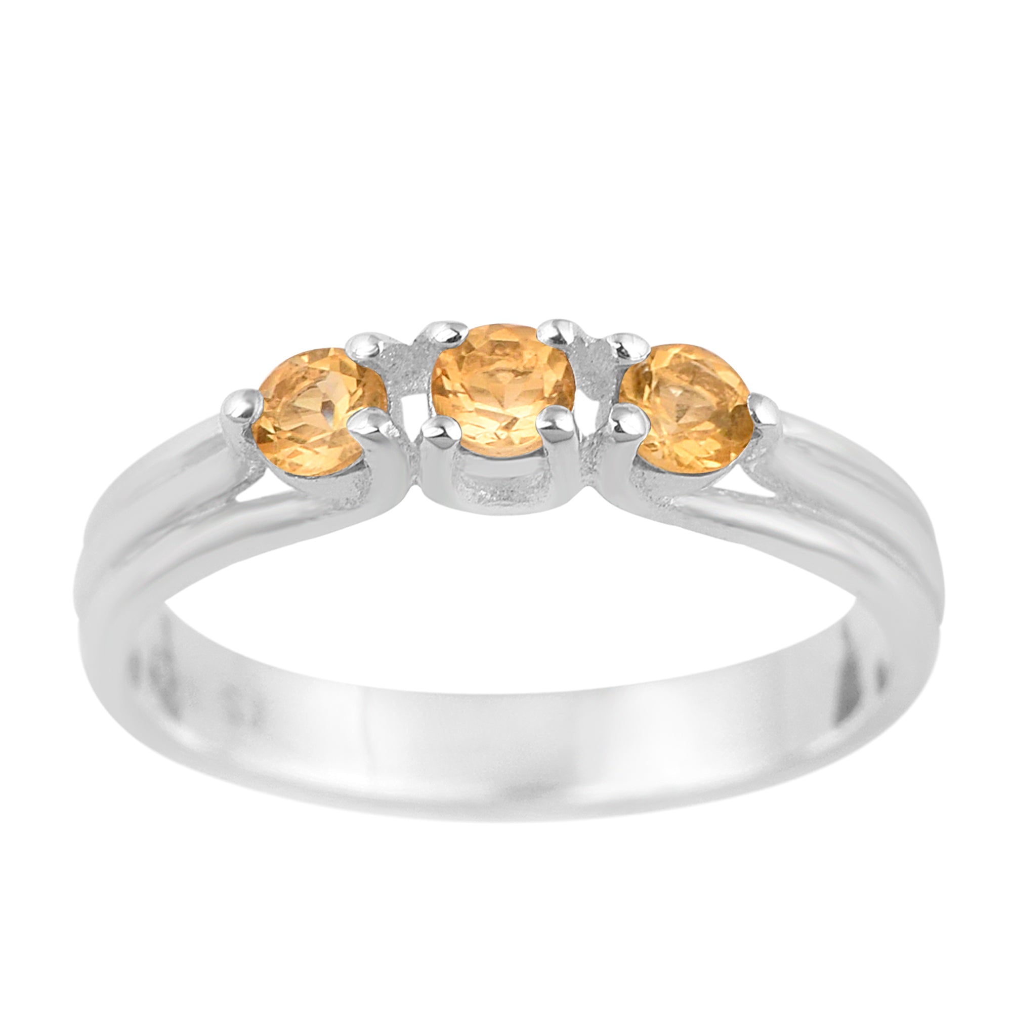 Trilogy Gemstone Round 3mm Citrine 925 Sterling Silver Platinum Plated Ring Gift for her - Kimaya INC