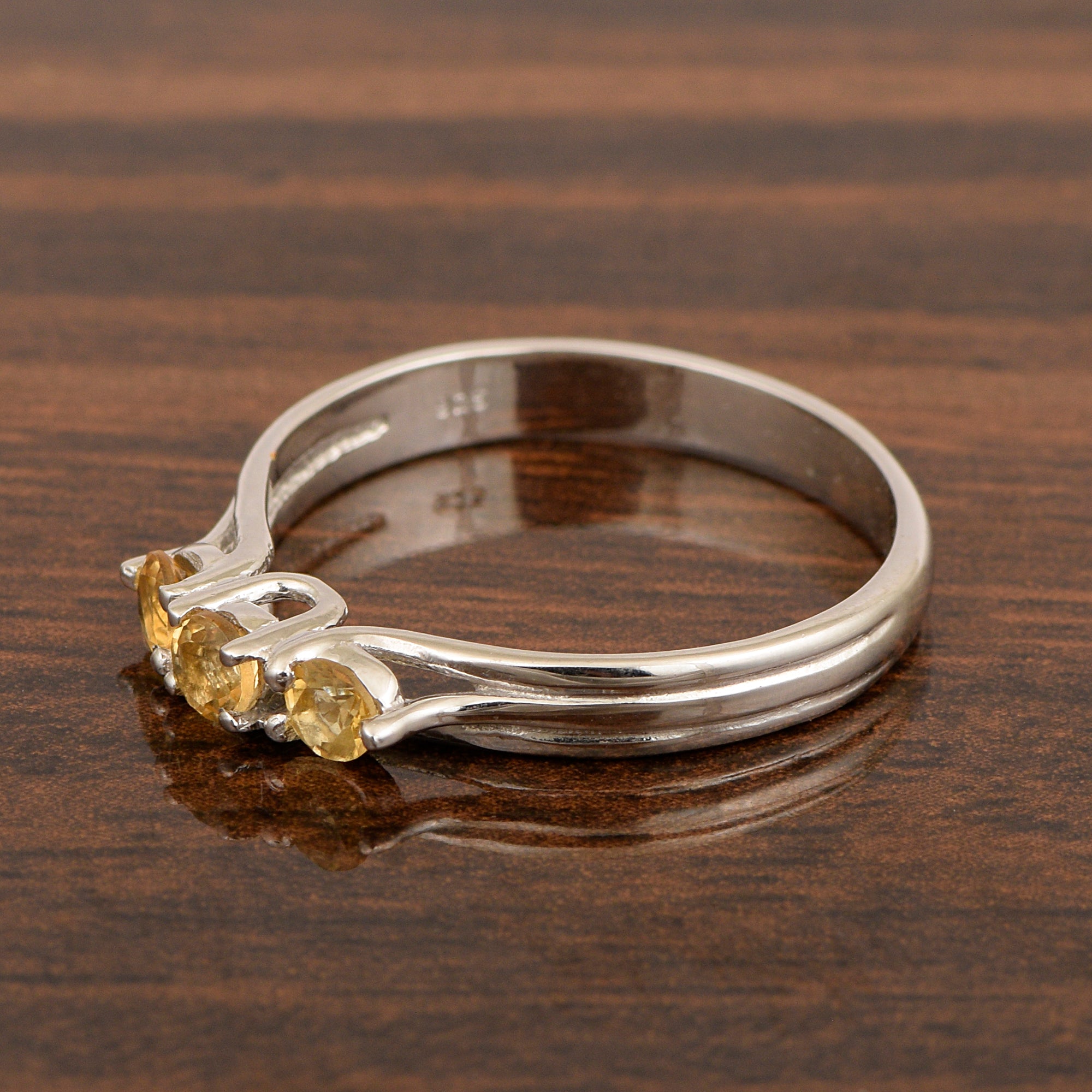 Trilogy Gemstone Round 3mm Citrine 925 Sterling Silver Platinum Plated Ring Gift for her - Kimaya INC