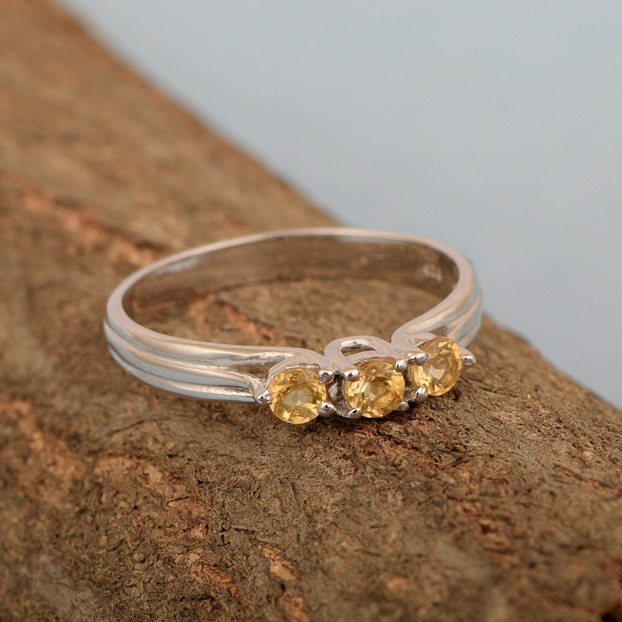 Trilogy Gemstone Round 3mm Citrine 925 Sterling Silver Platinum Plated Ring Gift for her - Kimaya INC