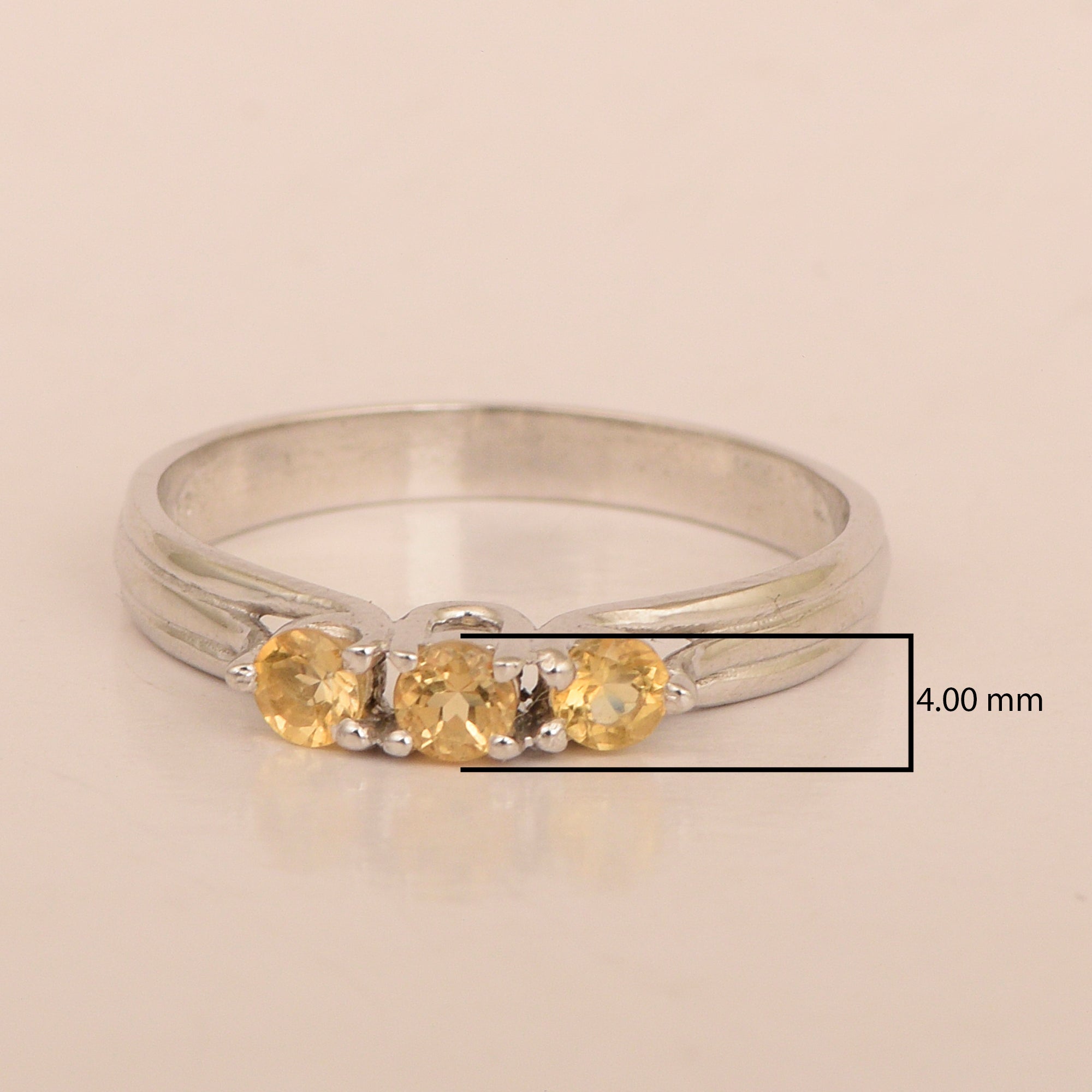 Trilogy Gemstone Round 3mm Citrine 925 Sterling Silver Platinum Plated Ring Gift for her - Kimaya INC