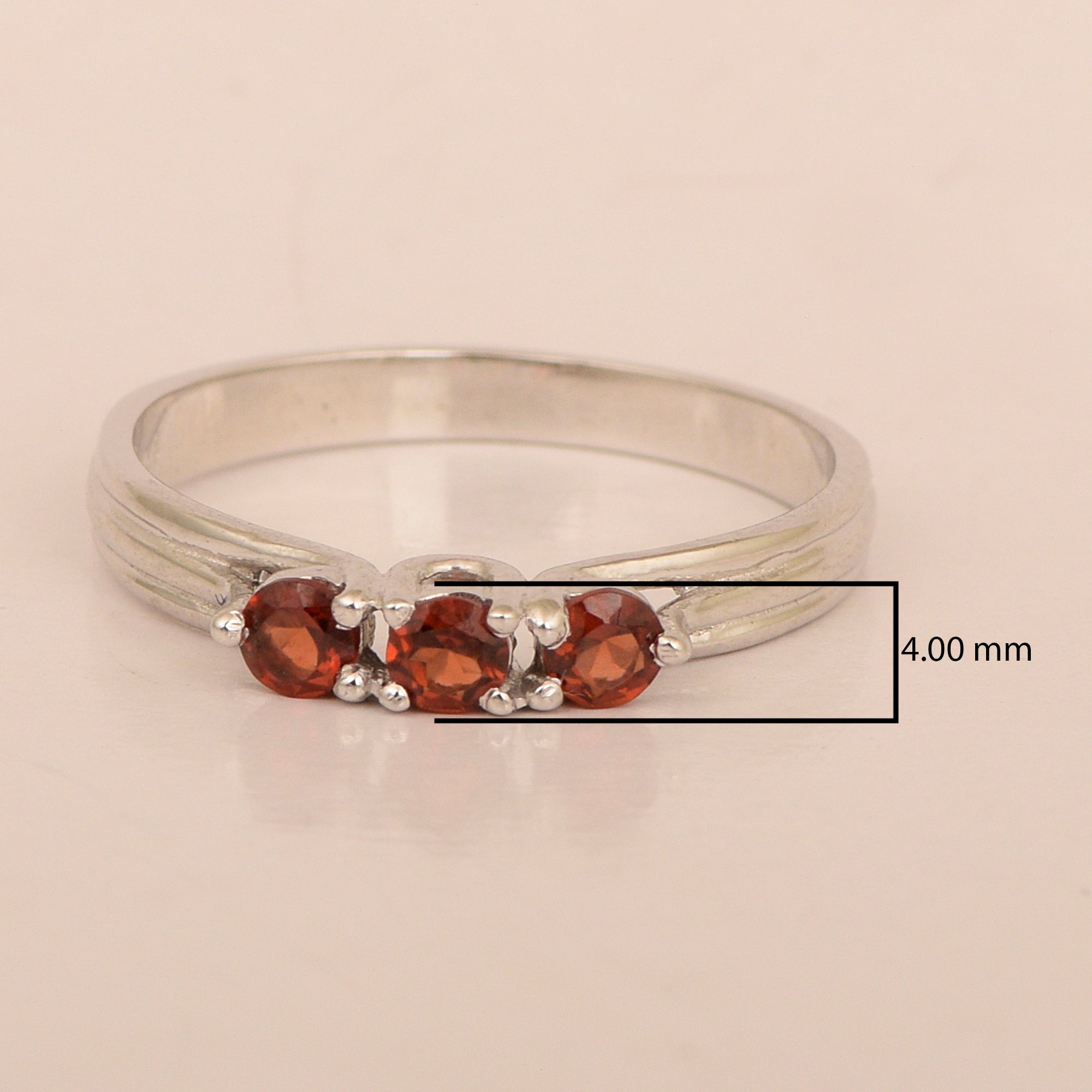 Trilogy Gemstone Round 3mm Garnet 925 Sterling Silver Platinum Plated Ring Gift for her - Kimaya INC