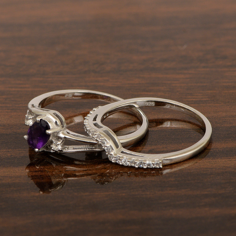 Amethyst 2pc Band Stackable Ring Set-Sterling Silver