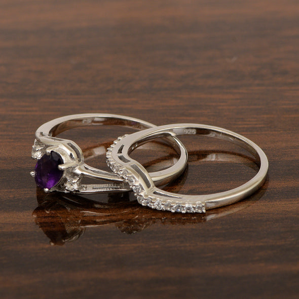 925 Sterling Silver Amethyst 2pc Wedding Band Stackable Ring Set - Kimaya INC