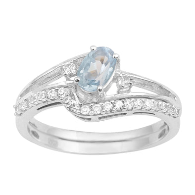 925 Sterling Silver Aquamarine 2pc Wedding Band Stackable Ring Set - Kimaya INC