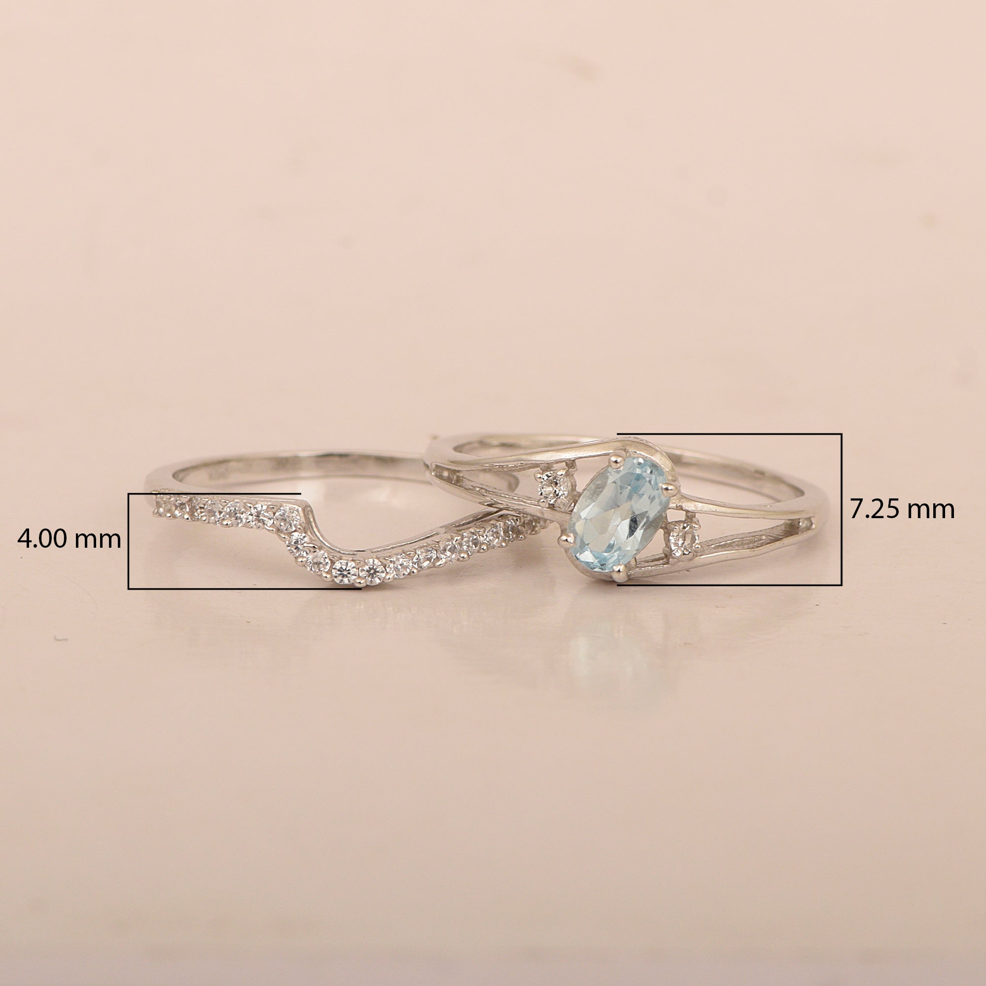 925 Sterling Silver Aquamarine 2pc Wedding Band Stackable Ring Set - Kimaya INC