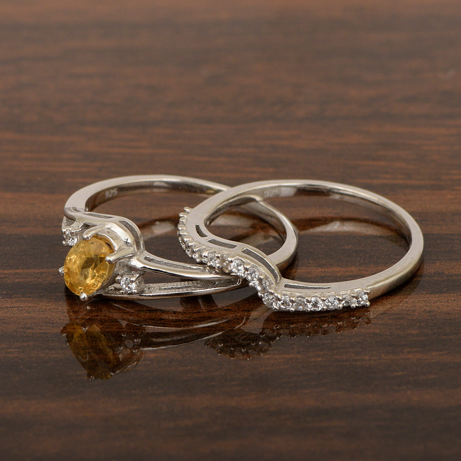 Citrine 2pc Band Stackable Ring Set-Sterling Silver