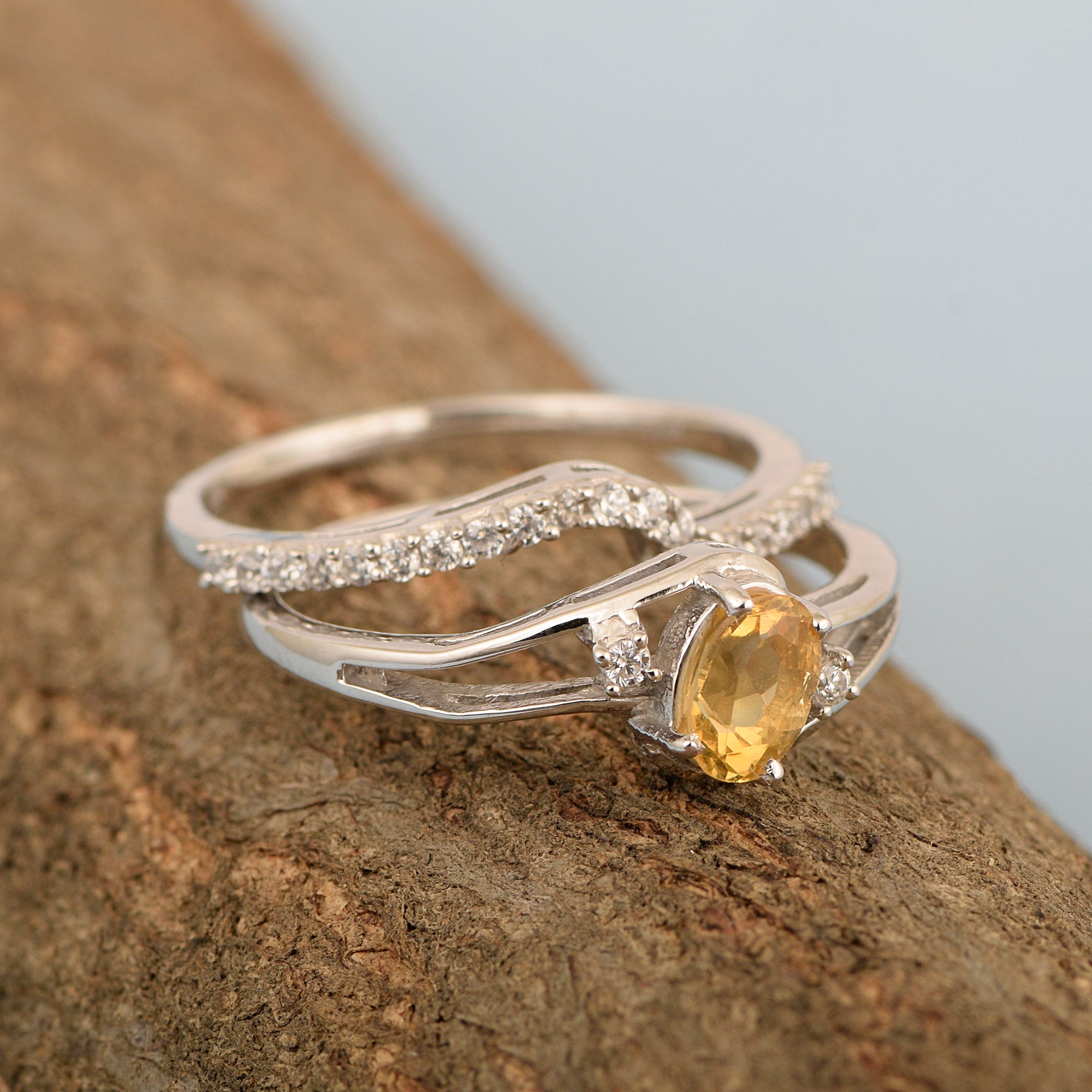 925 Sterling Silver Citrine 2pc Wedding Band Stackable Ring Set - Kimaya INC