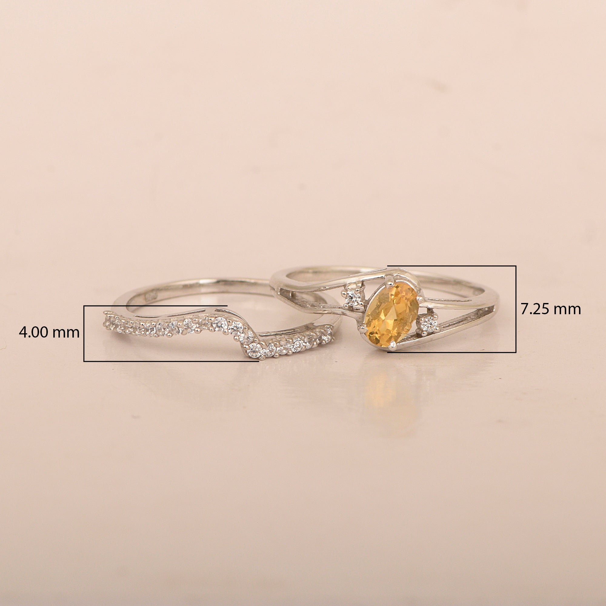 925 Sterling Silver Citrine 2pc Wedding Band Stackable Ring Set - Kimaya INC