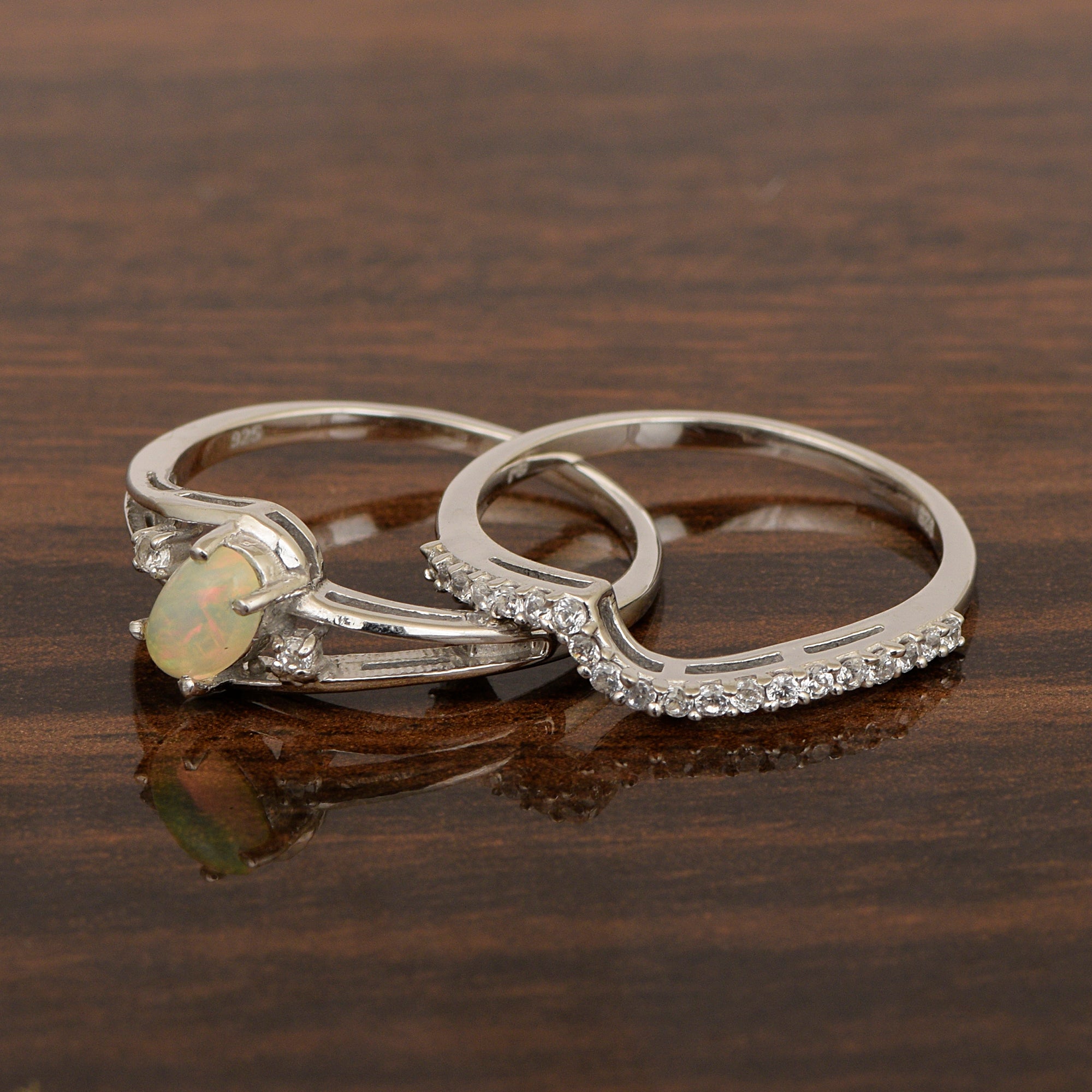 925 Sterling Silver Opal 2pc Wedding Band Stackable Ring Set - Kimaya INC