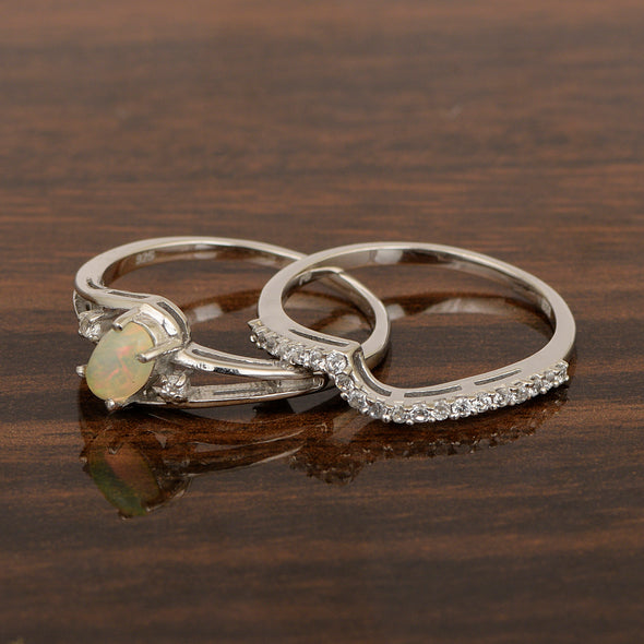 925 Sterling Silver Opal 2pc Wedding Band Stackable Ring Set - Kimaya INC