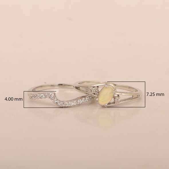 925 Sterling Silver Opal 2pc Wedding Band Stackable Ring Set - Kimaya INC