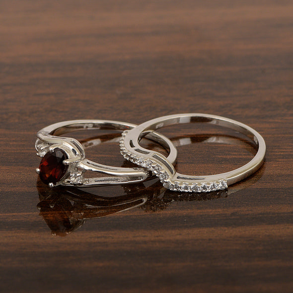 925 Sterling Silver Garnet 2pc Wedding Band Stackable Ring Set - Kimaya INC