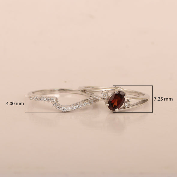 925 Sterling Silver Garnet 2pc Wedding Band Stackable Ring Set - Kimaya INC