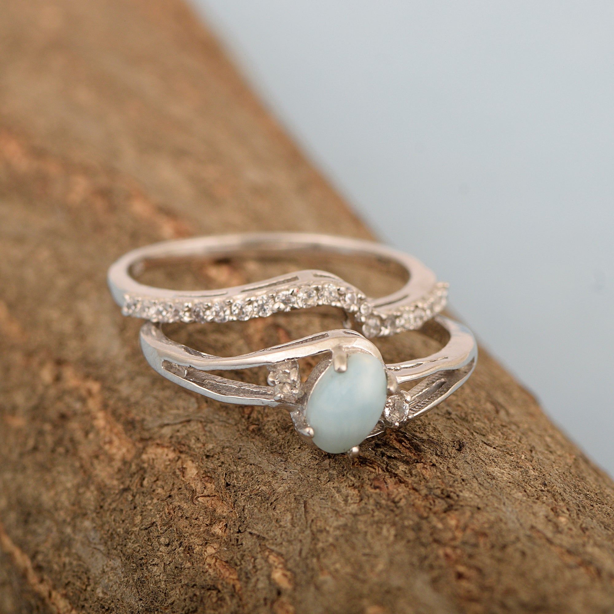 925 Sterling Silver Larimar 2pc Wedding Band Stackable Ring Set - Kimaya INC