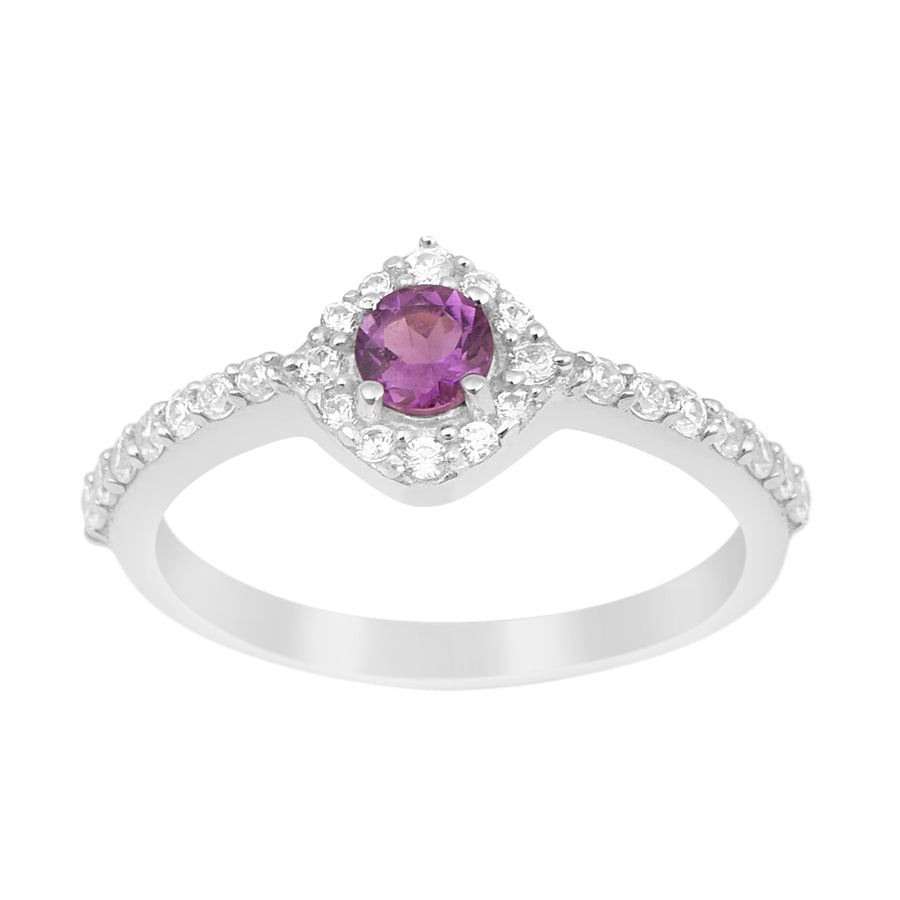 Solitaire Round Amethyst & White Accents Ring-Sterling Silver