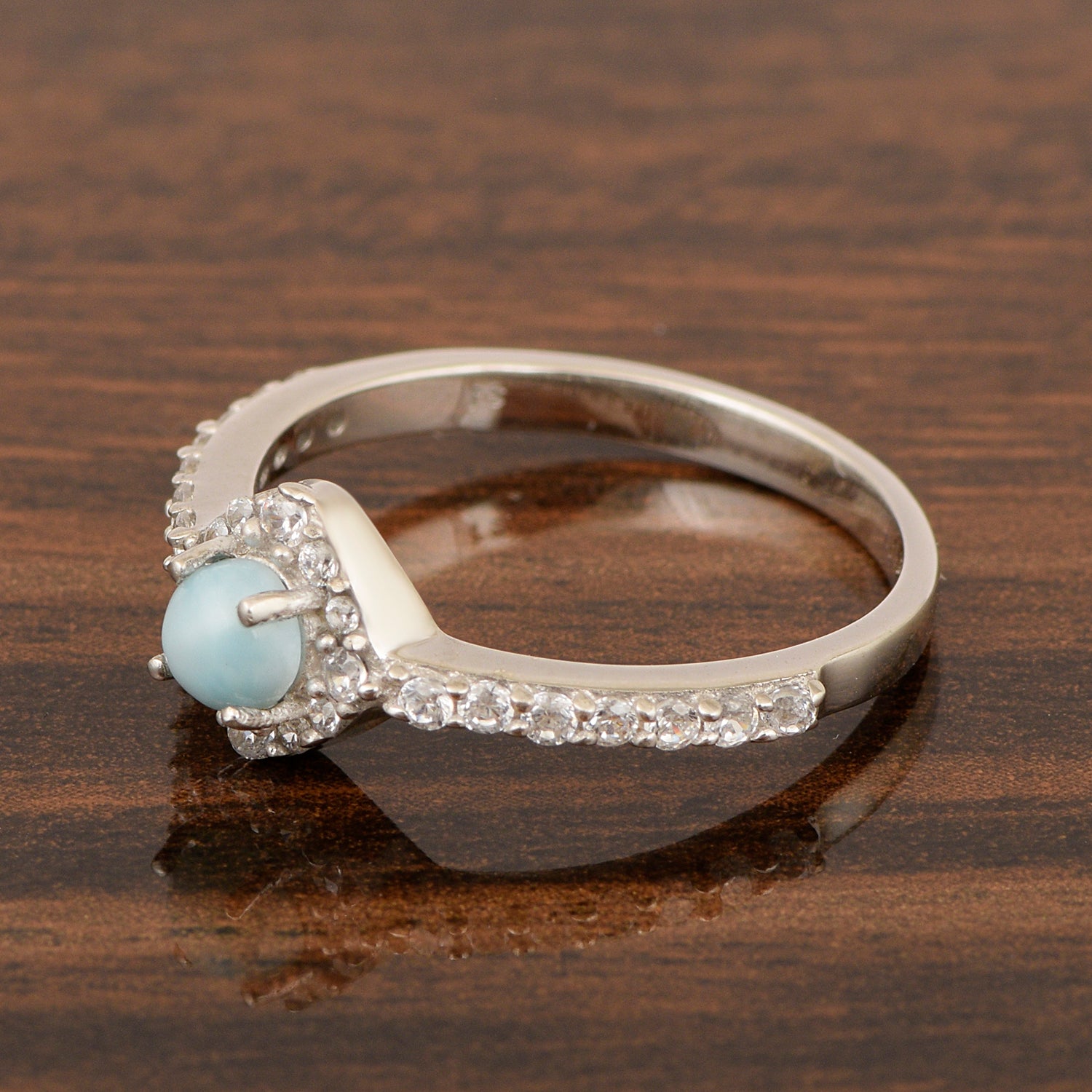 Solitaire Round 4mm Larimar & White Accents Women Wedding Ring - Kimaya INC