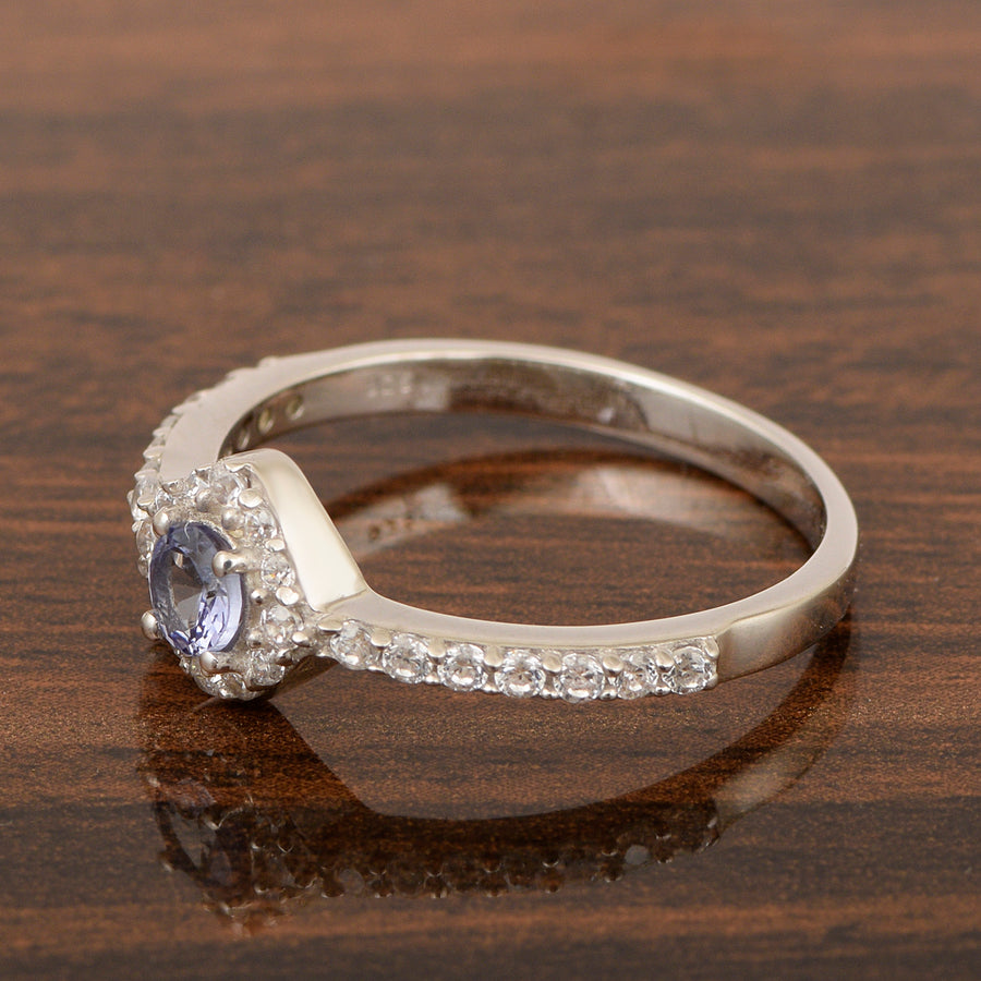 Solitaire Round Tanzanite & White Accents Ring-Sterling Silver