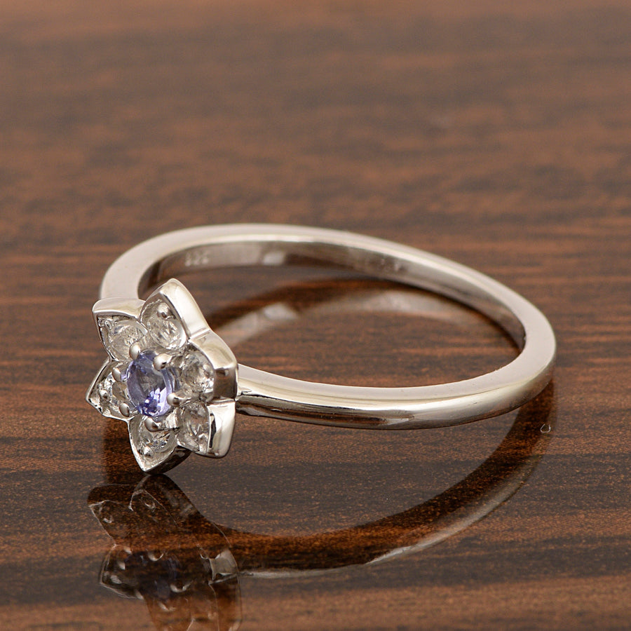Tanzanite Floral Halo Engagement Ring - Sterling Silver