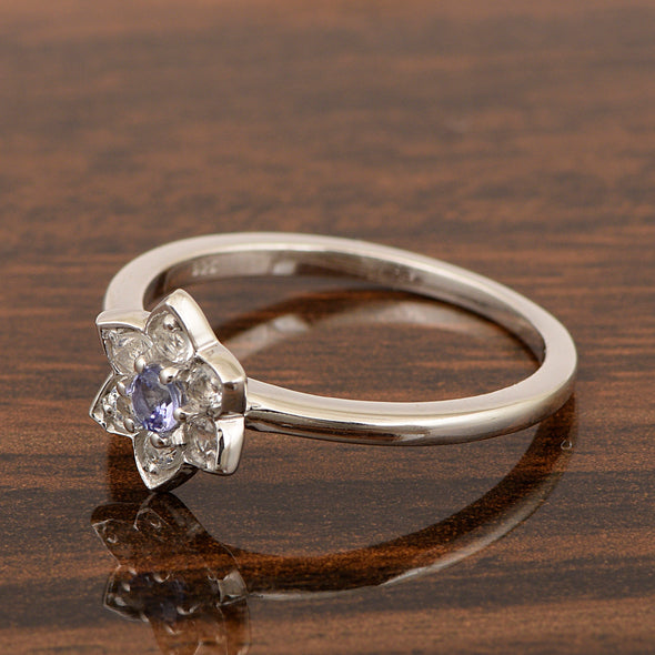 Art Deco Sterling Silver Round 0.10 Ctw Tanzanite Halo Engagement Women Ring - Kimaya INC
