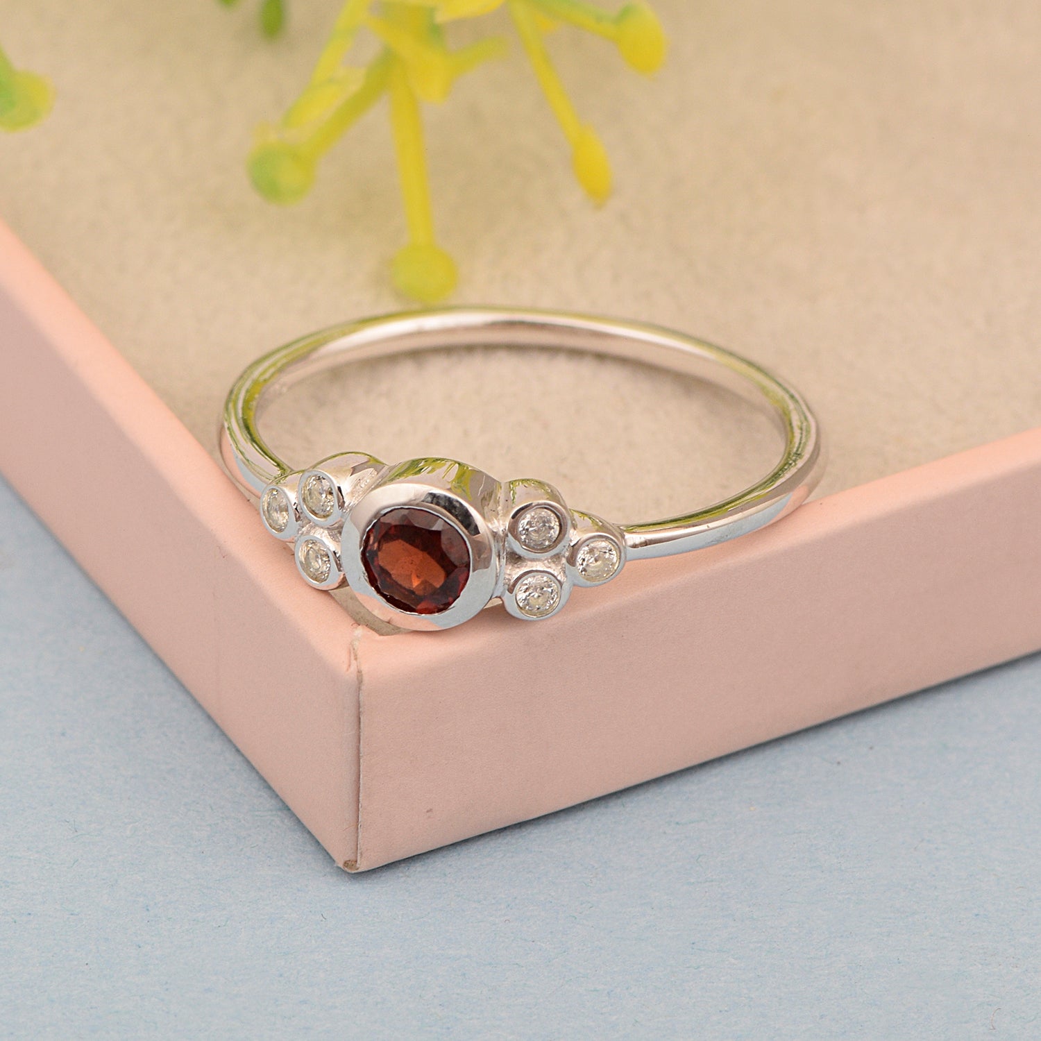 925 Sterling Silver Round 4mm Garnet Engagement For Her Ring - Kimaya INC