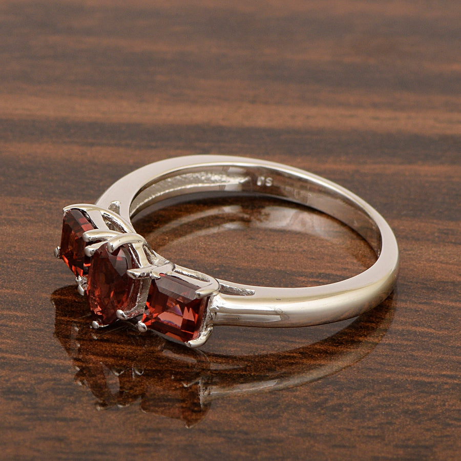 Garnet Three Stone Ring- Sterling Silver