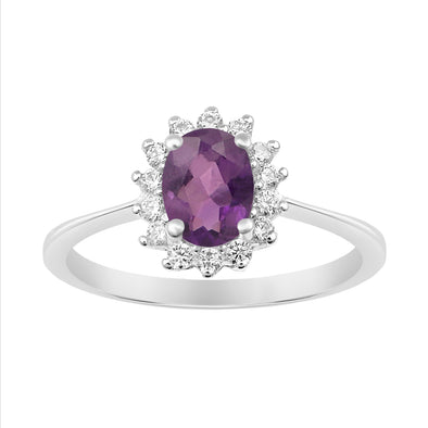 925 Sterling Silver 7x5mm Oval Amethyst with White Topaz Accent Stones Halo Ring - Kimaya INC
